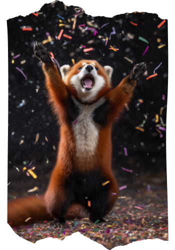 Red panda standing under confetti